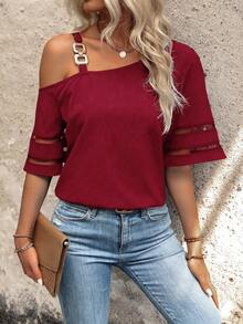 SHEIN LUNE Asymmetrical Neckline Sheer Mesh Patchwork Shirt One Shoulder Top - Red - View 3