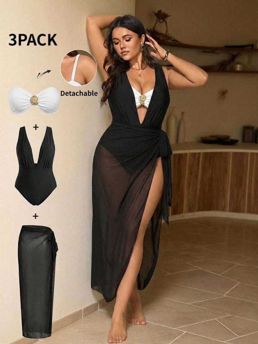 SHEIN Swim Chicsea 大码三件套优雅棕色金属扣装饰连体泳衣，可单独搭配其他服饰，适合派对和度假穿着 - 黑與白 - 查看 1