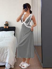 SHEIN 蕾丝边V领露背长款睡裙（女士款） - 深灰色 - 查看 3