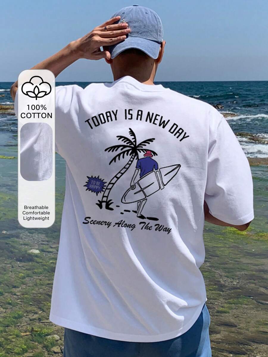 DAZY White Summer Beach & Surf Print Casual T-Shirt For Men,Graphic Tees Vacation - White - View 1