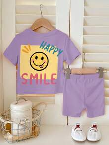 Cream Purple, Cute Hand-Painted Face Pattern, Baby Girl Casual Minimalist Round Neck Short Sleeve T-Shirt And Snug Fit Cycling Shorts 2-Piece Set, Suitable For Daily Wear, Street Photography, Holidays, Spring & Summer - Multicolor - View 3