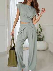 Regularly Sized Women Two-Piece Set: Short Sleeve Top And Long Sweatpants, Simple And Fashionable For Summer - Grey - View 3