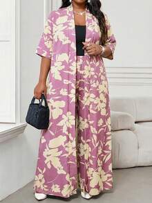 SHEIN Lady Pink Modest Summer Plus Size Dress For Women Floral Print Open Front Cardigan With Matching Wide Leg Trousers - Pink - View 7