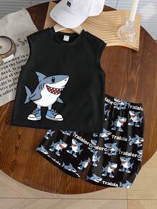 2pcs Toddler Boys' Shark Print Black Round Neck Vest And Shark Print Shorts Set, Casual Minimalist Street Style, Suitable For Outdoor Sports, Daily Wear, Spring, Summer, Autumn, Winter, Comfortable Outfit - Multicolor - View 2