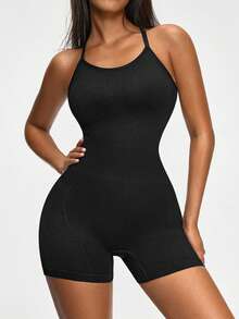 Bodysuits de mujer SHAPORA de color sólido con espalda cruzada, que levanta el trasero, sin costuras, sexy con tirantes, control de abdomen, efecto estilizante, sin mangas, de punto. - Negro - Ver 9