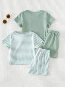 Cozy Pixies 4件套男婴可爱休闲夏季针织纯色条纹短袖T恤和短裤套装 - 彩色 - 查看 3