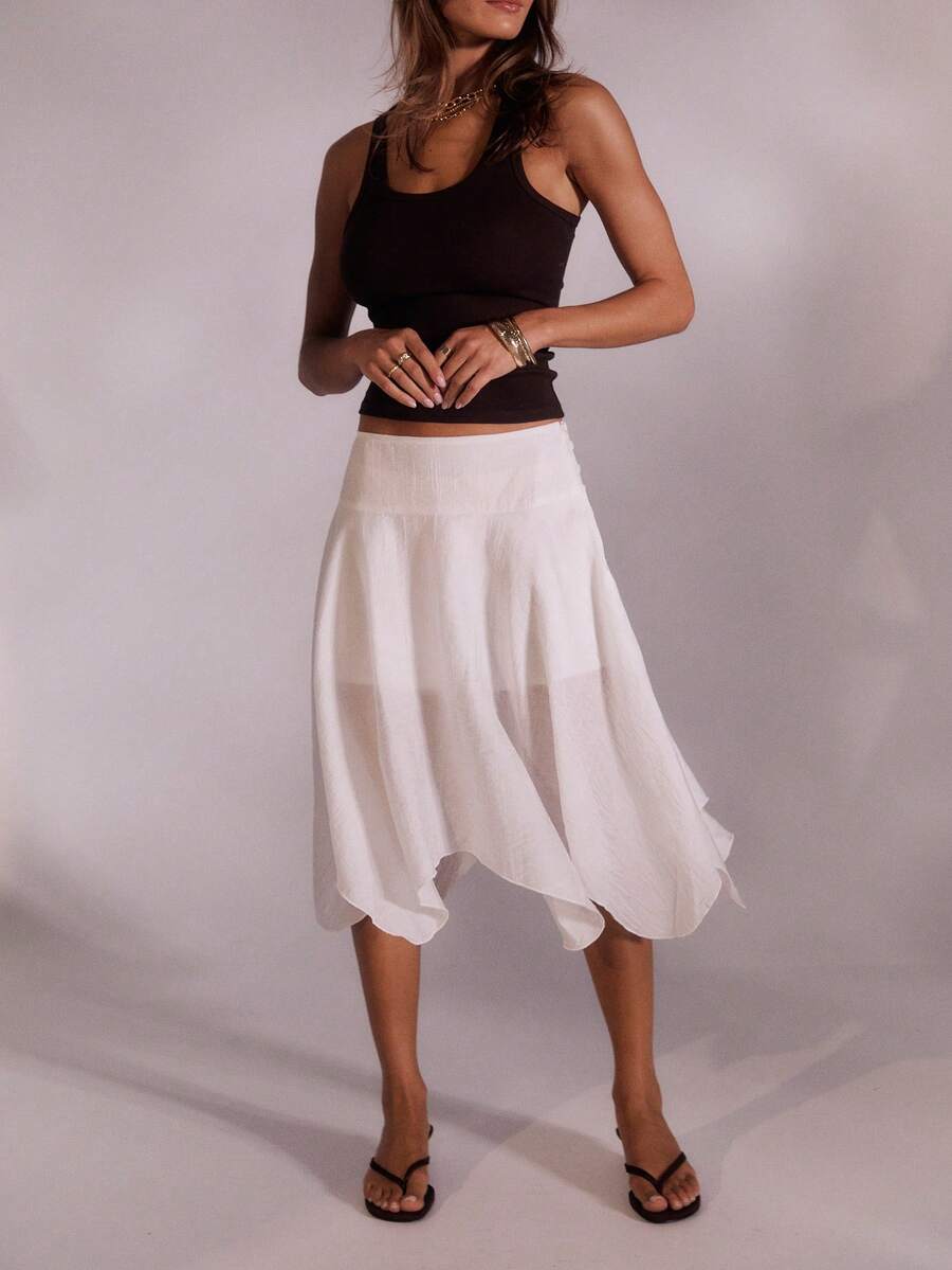 Aralina Wide Waistband Asymmetric Hem Button Down Midi Skirt - White - View 1