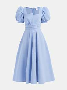 SHEIN 少女方领收腰褶皱优雅泡泡袖连衣裙 - 淺藍色 - 查看 2