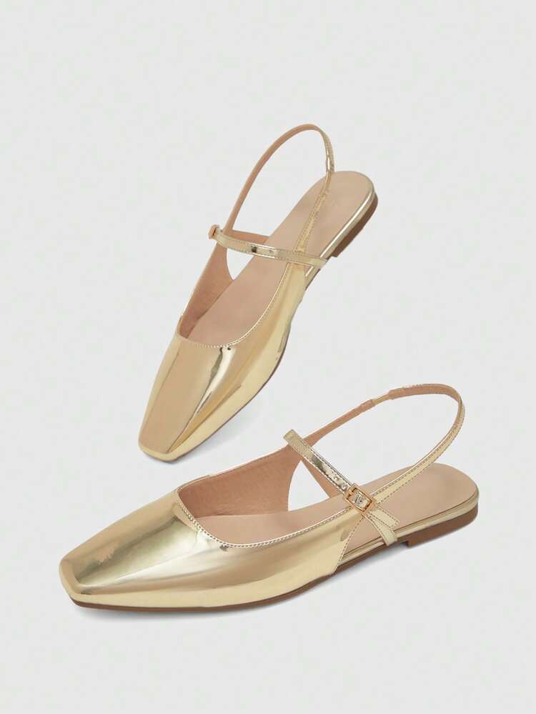 CUCCOO BIZCHIC Women Shoes Small Square Toe Flat Bottom Gold Mirror Women's Low Vamp Flat Bottom Slingback Shoes Light, Comfortable And Simple Commuting Daily Versatile Women's Flat Sole Shoes