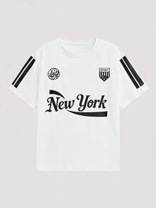 Open Phase Áo thun ngắn tay nam kiểu dáng thể thao Mỹ, in họa tiết New York, dáng rộng thoải mái với hai sọc kẻ, phong cách retro Mỹ, unisex, dáng rộng rãi, phù hợp cho trang phục mùa hè – Thích hợp cho mặc hàng ngày và các kỳ nghỉ hè. - trắng - Xem 2