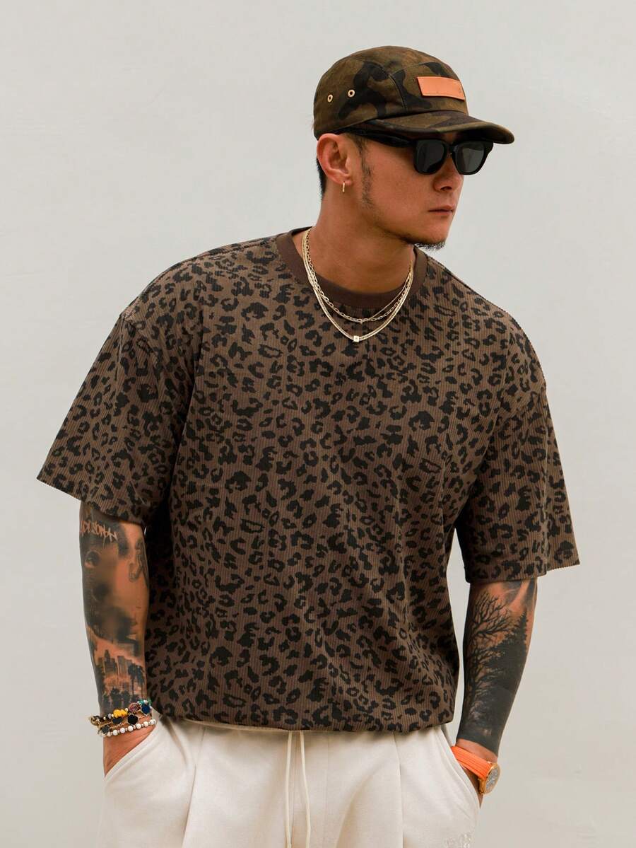 DAZY Camiseta de manga corta con estampado de leopardo para hombre, multicolor, para verano - Marrón - Ver 1