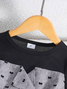 1件女童春夏甜美撞色泡泡袖蝴蝶结装饰双排扣腰带装饰A字连衣裙，复古优雅休闲连衣裙，适合日常穿着、外出、派对 - 灰色 - 查看 5