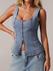 Forever 21 Áo ba lỗ denim nữ có khóa kéo, ôm sát theo phong cách tối giản, phù hợp cho mùa hè - Màu xanh lam - Xem 4