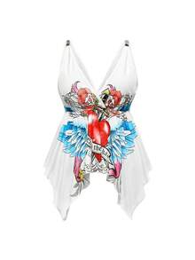 ROMWE Grunge Punk Y2K 风格复古自然植物藤蔓印花不对称下摆细肩带大码背心 - 白色 - 查看 1