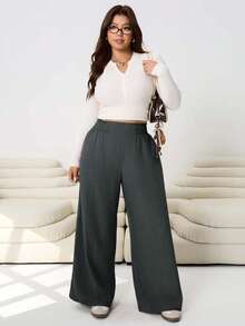 SHEIN CURVE+ Plus Size Casual Versatile Commuting High Waist Wide Leg Pants - Dark Grey - View 7