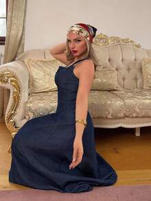 Jeta Ari 女士方领无袖休闲褶皱牛仔连衣裙 - 深色水洗藍 - 查看 5