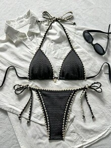 Swim Mod Ensemble de bikini 2 pièces pour femmes, en tissu jacquard de couleur unie avec volants, à bretelles nouées. Ensemble de maillots de bain pour vacances, croisière, plage et bronzage. Accessoires de maillot de bain, maillot de bain pour femmes, crochet - Gris - Voir 2