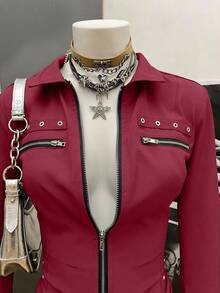 SHEIN Unity Women's Slim Fit Zip-Up Collared Shirt - Red - View 6