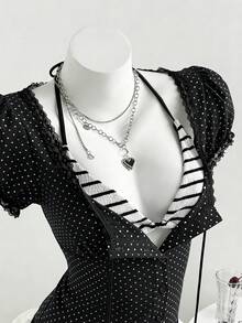 SHEIN Unity 复古甜美撞色蕾丝荷叶边波点花瓣袖修身衬衫，夏季 - 黑色 - 查看 6