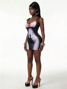 Amplova Women's Sexy Spaghetti Strap Dress With Human Body Print, Avant-Garde Style Suitable For Music Festivals - Multicolor - View 2
