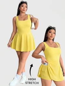 Solflare Mono sin mangas de un solo color con bolsillos para mujer de talla grande, conjunto de una pieza en amarillo pálido - amarillo ganso - Ver 1