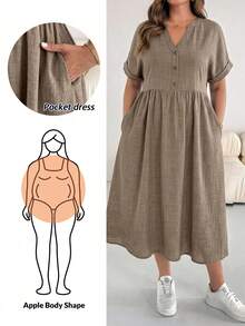 SHEIN Essnce 大码女装春夏时尚休闲宽松舒适日常百搭卡其色短袖中长连衣裙，带口袋，简约风格，夏季穿搭 - 卡其色 - 查看 1