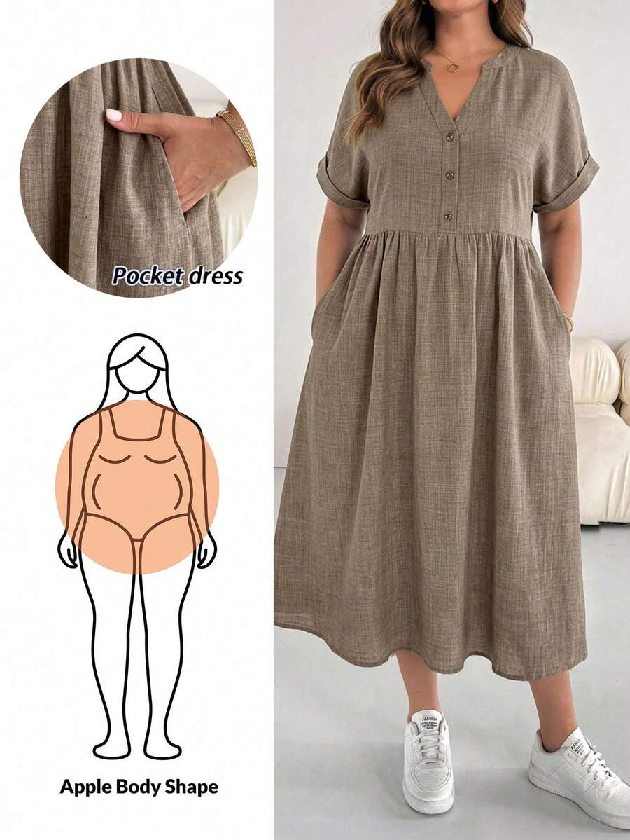 SHEIN Essnce 大码女装春夏时尚休闲宽松舒适日常百搭卡其色短袖中长连衣裙，带口袋，简约风格，夏季穿搭 - 卡其色 - 查看 1