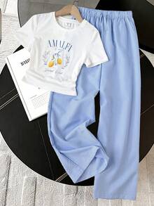 Bộ đồ thường ngày thoải mái cho bé gái tuổi teen: áo thun ngắn tay cổ tròn ôm dáng, gồm áo và quần. - Nhiều màu - Xem 6