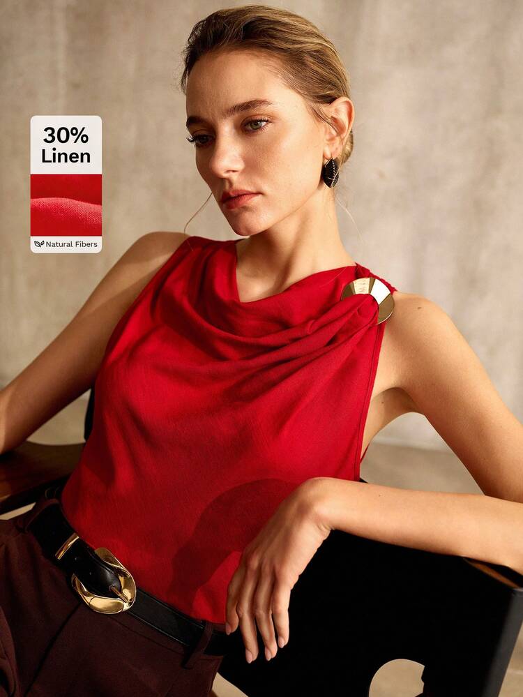 WOMEN'S LINEN BLEND METAL DECOR STRUCTURED DESIGN SLEEVELESS TANK TOP