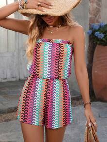 Swim Vcay Women's Summer Beach Ruffled Textured Striped Lace Print Romper - Multicolor - View 3