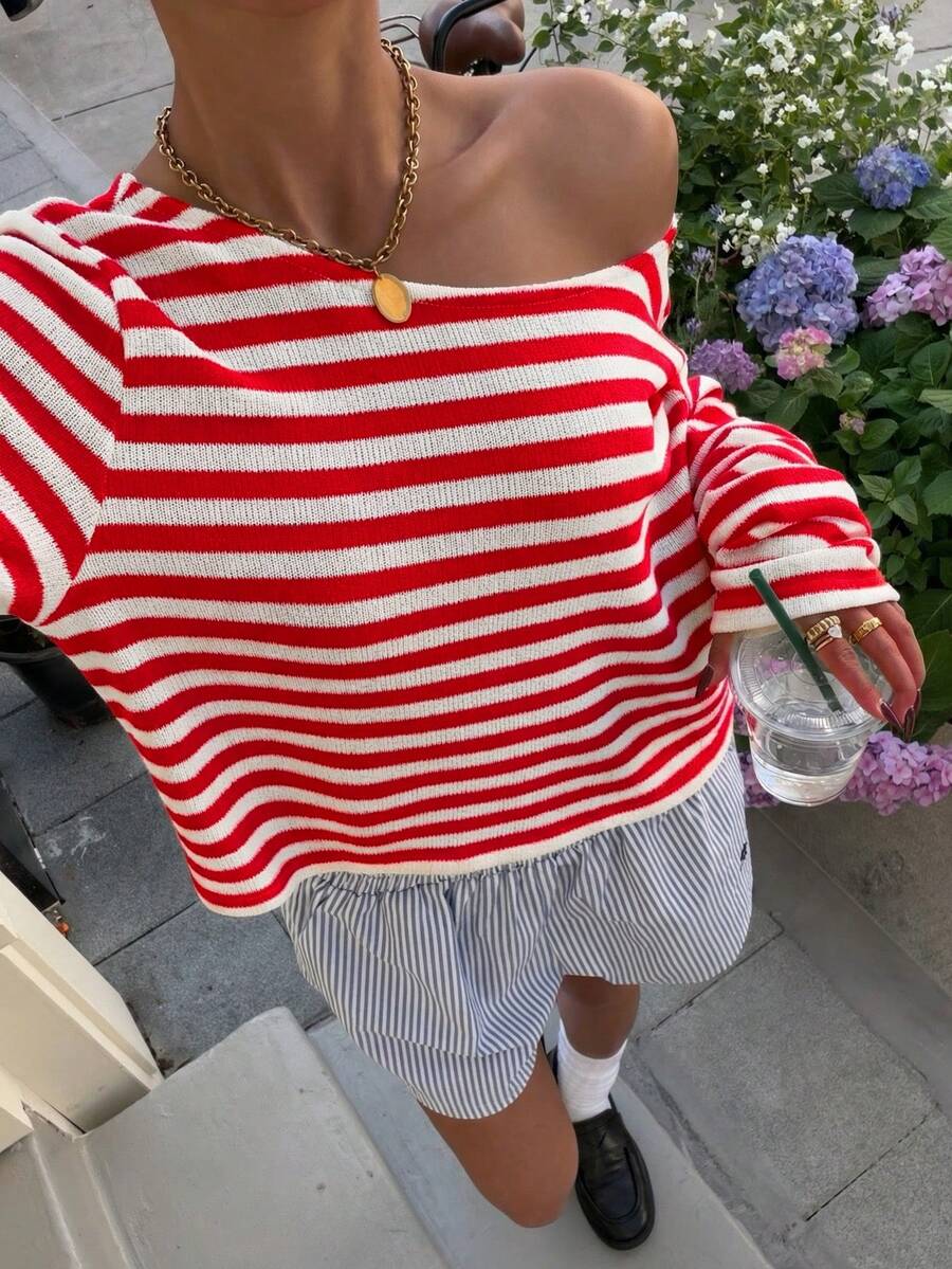Muchica Women's Summer New Red And White Striped Loose Off-Shoulder Long Sleeve Cropped T-Shirt European Outfits Women Sailor Style Top Top Nautical Outfits For Women Long Sleeve Cute Outfits Women Boatneck Top Nautical Clothing For Women Outfits For Women Boat Neck Top Women Everyday French Style - Hot Pink - View 1