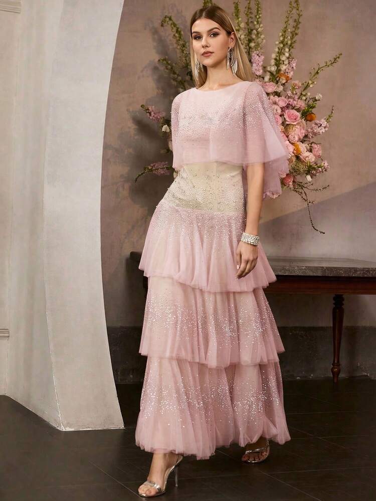 WOMEN'S NEW MESH RHINESTONR LAYERED FORMAL DRESS, ETHEREAL SHEER RUFFLE HEM MAXI DRESS, GALA RUNWAY EVENING GOWN