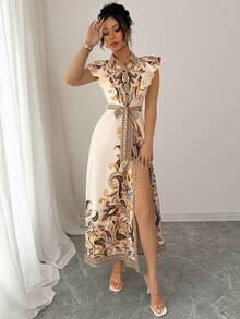 Vestido bohemio informal de vacaciones con estampado floral, cuello, sin mangas, cinturón de cintura, nudo y dobladillo con volantes - Albaricoque - Ver 3