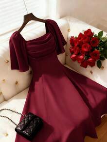 GlowEve CURVE Plus Size Women's Solid Color Square Neck Ruffle Short Sleeve Elegant Dress - Red - View 6