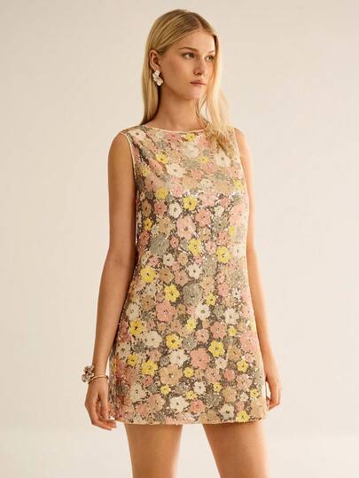 CielaLinda 女士碎花亮片迷你A字连衣裙 无袖连衣裙