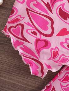 SHEIN 女婴两件套，时尚爱心针织吊带上衣和喇叭裤 - 玫紅色 - 查看 5