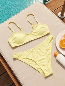 SHEIN Swim 2件套女士时尚可爱度假性感沙滩/泳池/派对纯色可调节细肩带超细比基尼上衣和下装泳衣套装 - 黃色 - 查看 3