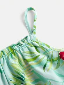 女童热带植物印花宽松连体裤，休闲日常百搭，适合度假、海滩露营，也可作为姐妹装或亲子装穿着。 - 綠色 - 查看 3