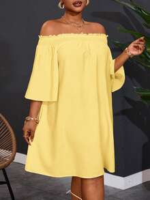 Slaydiva Plus Size Women's Off-Shoulder Elegant Commute & Vacation A-Line Dress - Light Yellow - View 6
