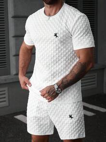 Manfinity CasualCool 2pcs Men's Slim Fit Quilted Plaid Textured Short Sleeve Shorts Set, With Embroidered Design - White - View 5