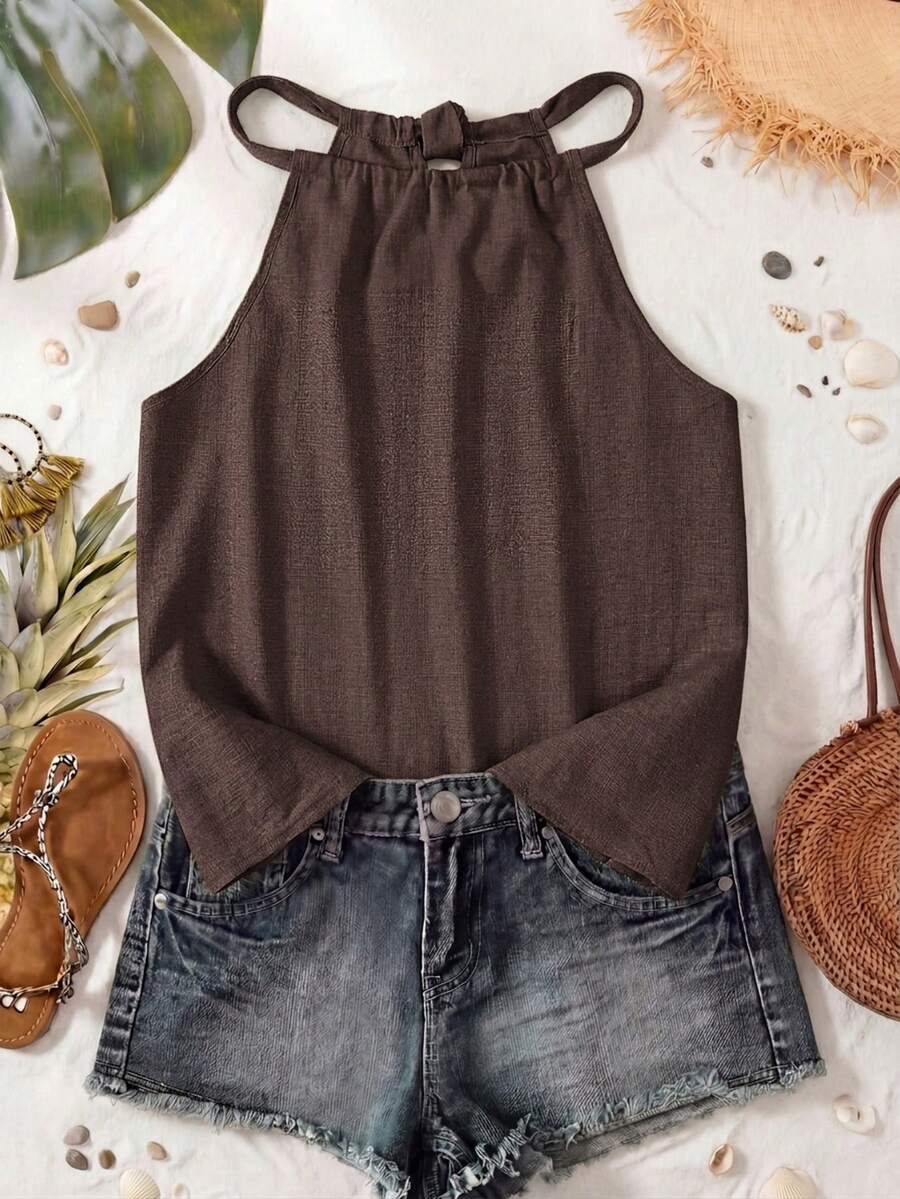 Sylviya Áo tank top cổ yếm màu xanh bơ dáng casual dành cho nữ, thích hợp cho kỳ nghỉ. - màu nâu - Xem 1