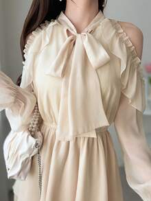 FRIFUL Women's Solid Color Off-Shoulder Long Sleeve Tie Neck Elegant Dress Sun Dresses For Women - Apricot - View 4