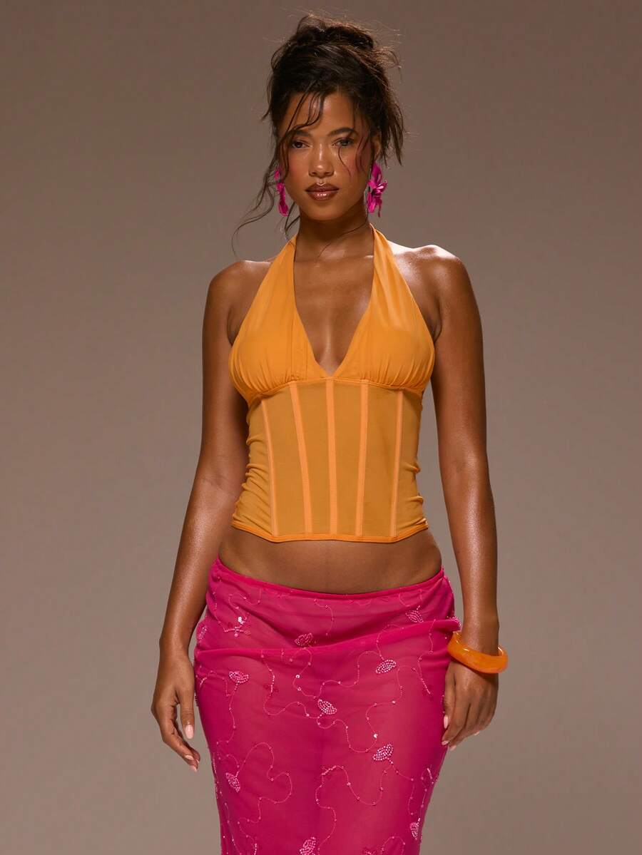 MUSERA Plunge Neckline Bonded Corset Mesh Top Girly Spring Summer Vacation Night Out Cute Occassion Golden Sands Y2K - Orange - View 1