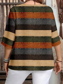 EMERY ROSE Casual Textured Colorblock Striped Print V-Neck Shirt, Minimalist Plus Size Shirt Suitable For Summer - Multicolor - View 2