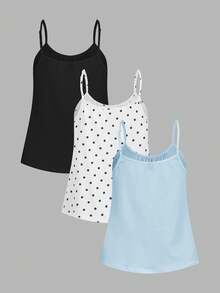 SHEIN EZwear 3件装女士可调节肩带褶皱宽松吊带背心，适合春夏穿着，黑色波点和浅蓝色 - 彩色 - 查看 2