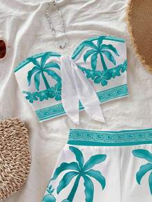 Soleia Women's Vacation Style Coconut Tree Print Bandeau Top And Casual Shorts Swimsuit Set,Vacation Outfits Women - Mint Green - View 5