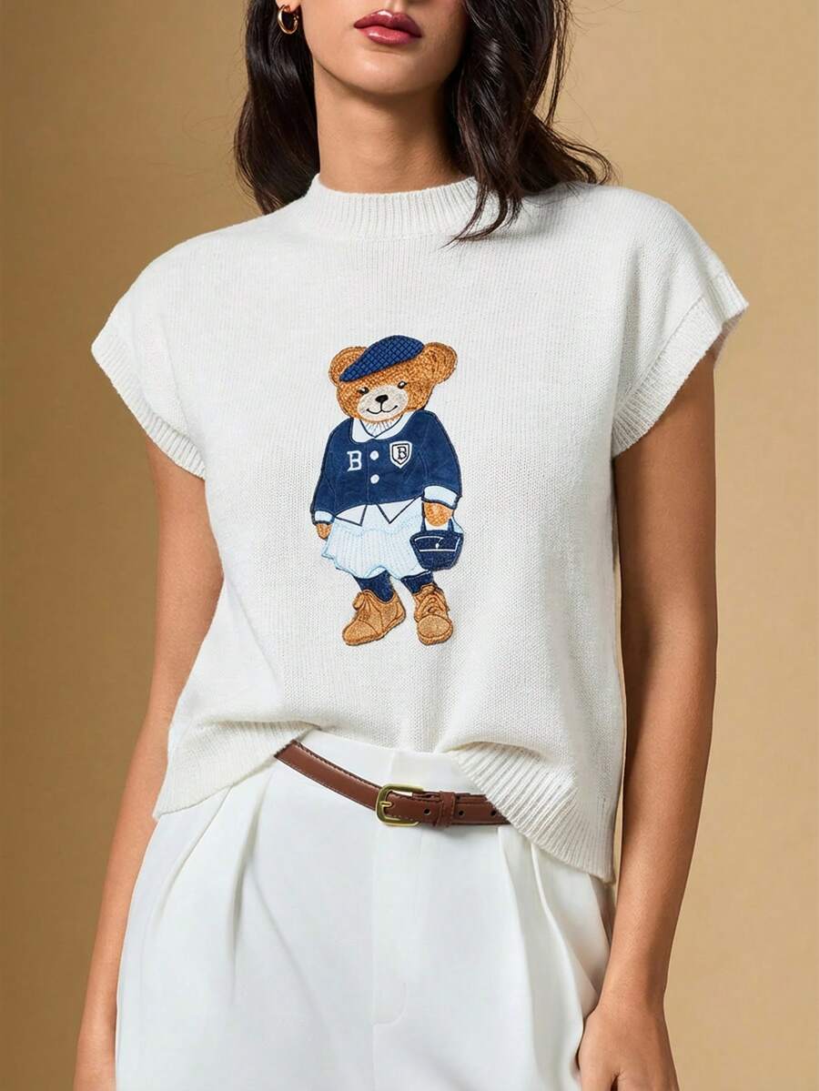 Briarwyn Women's Casual Cartoon Pattern Crew Neck Knit Top, Versatile For Daily Wear - White - View 1