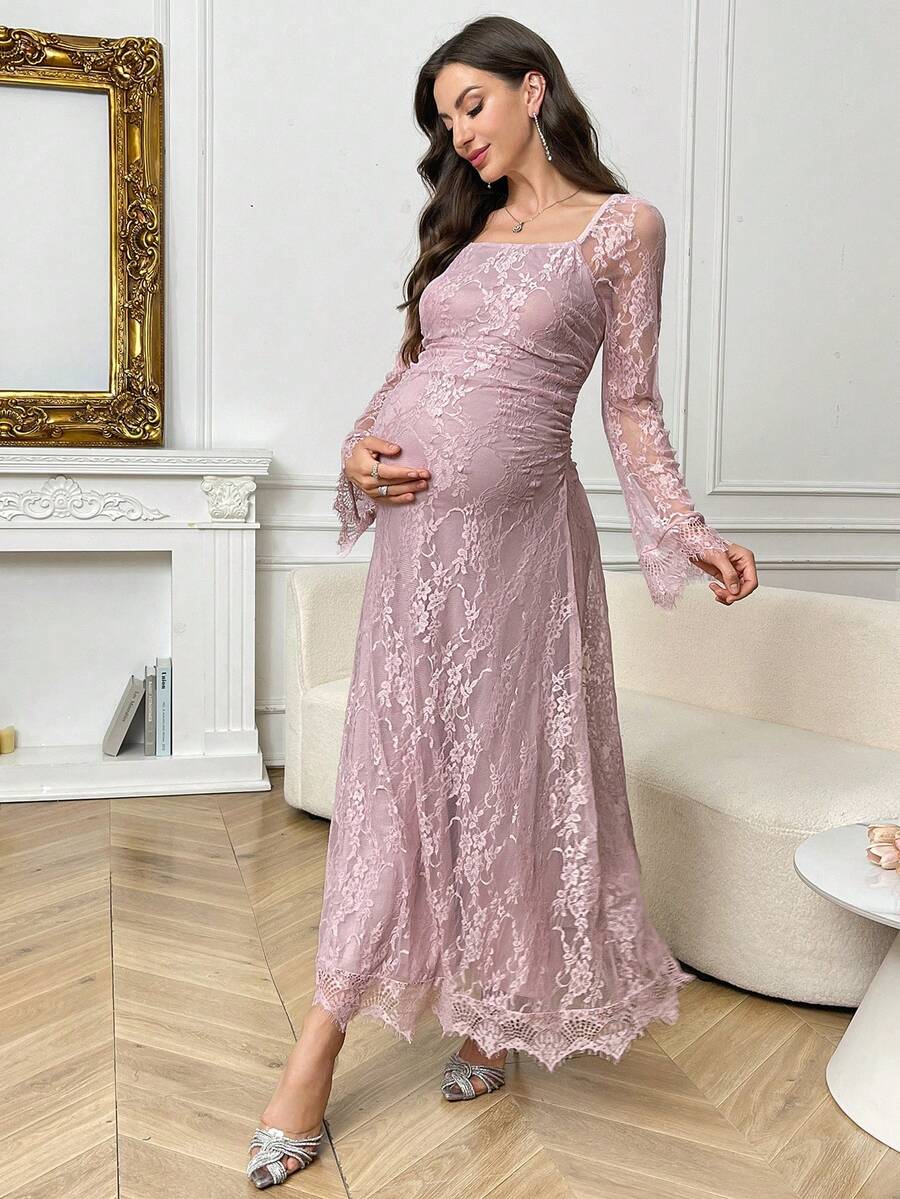 SHEIN Pregnant Women's Spring/Summer Romantic Elegant Elegant Square Collar Ruffle Sleeve Sheer Lace Pleated Waist Dress - Pink - View 1