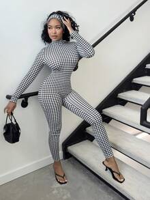 Alexandranx 女士性感休闲复古经典黑白千鸟格印花连体裤（含头巾），修身千鸟格连体裤 - 彩色 - 查看 5