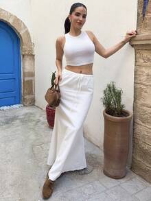 Marta Soriano Váy dài đuôi cá vải lanh trắng cho kỳ nghỉ xuân hè - trắng - Xem 6